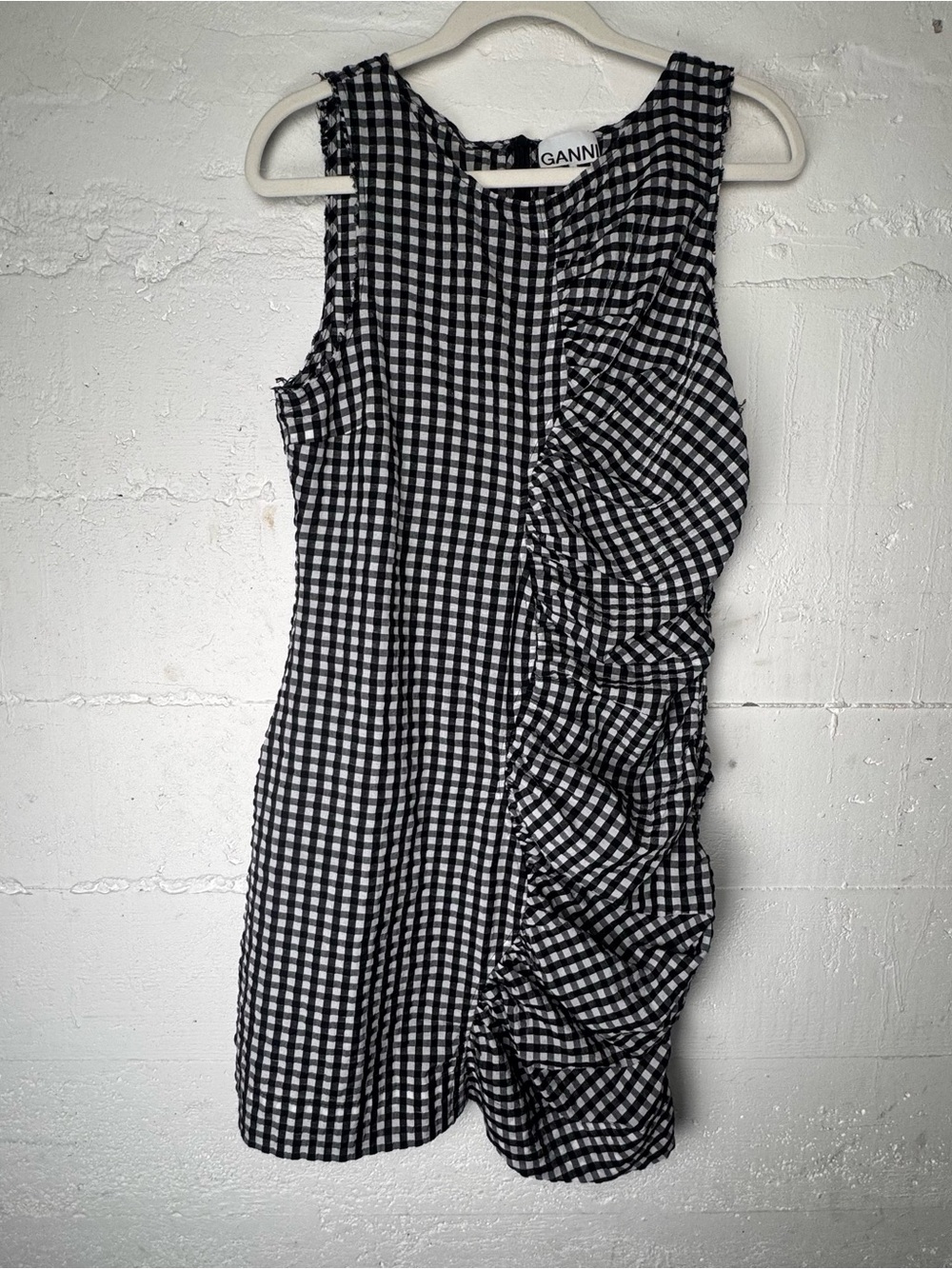 Ganni Black & White Gingham Ruffle Mini Dress Tank Raw Sleeve Size 42 L 10 12
